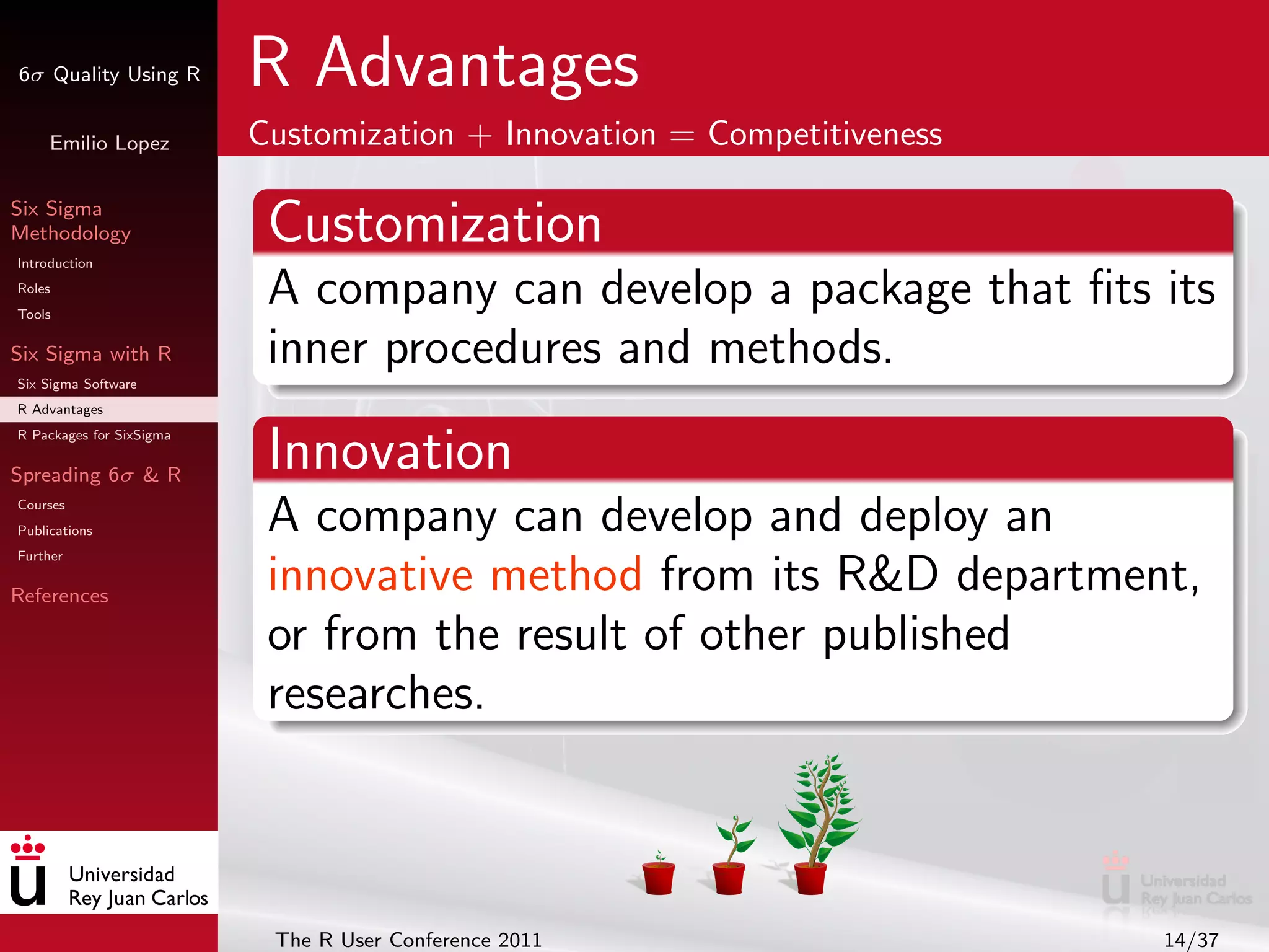 6σ Quality Using R        R Advantages
     Emilio Lopez         Customization + Innovation = Competitiveness

Six Sigma
Methodology
Introduction
                           Customization
Roles
Tools
                           A company can develop a package that ﬁts its
Six Sigma with R           inner procedures and methods.
Six Sigma Software
R Advantages
R Packages for SixSigma

Spreading 6σ & R
                           Innovation
Courses
Publications               A company can develop and deploy an
Further

References
                           innovative method from its R&D department,
                           or from the result of other published
                           researches.



                           The R User Conference 2011                    14/37
 
