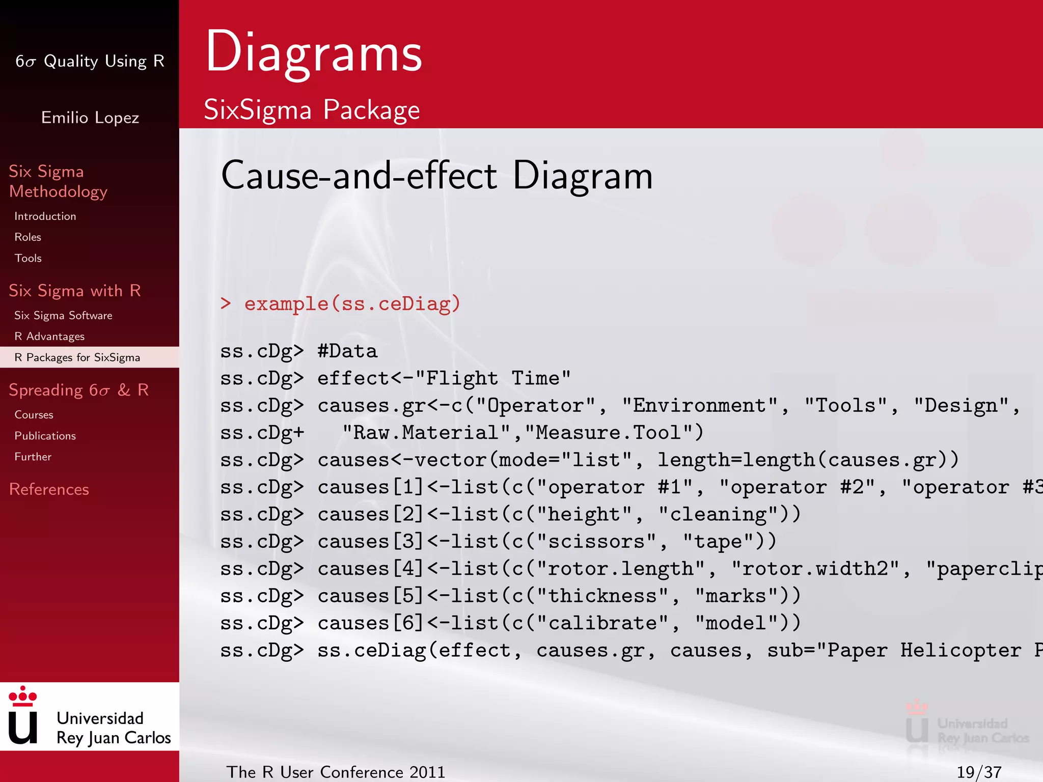 6σ Quality Using R        Diagrams
     Emilio Lopez         SixSigma Package

Six Sigma
Methodology                Cause-and-eﬀect Diagram
Introduction
Roles
Tools

Six Sigma with R
Six Sigma Software
                           > example(ss.ceDiag)
R Advantages
R Packages for SixSigma    ss.cDg>   #Data
Spreading 6σ & R
                           ss.cDg>   effect<-"Flight Time"
Courses
                           ss.cDg>   causes.gr<-c("Operator", "Environment", "Tools", "Design",
Publications               ss.cDg+     "Raw.Material","Measure.Tool")
Further
                           ss.cDg>   causes<-vector(mode="list", length=length(causes.gr))
References                 ss.cDg>   causes[1]<-list(c("operator #1", "operator #2", "operator #3
                           ss.cDg>   causes[2]<-list(c("height", "cleaning"))
                           ss.cDg>   causes[3]<-list(c("scissors", "tape"))
                           ss.cDg>   causes[4]<-list(c("rotor.length", "rotor.width2", "paperclip
                           ss.cDg>   causes[5]<-list(c("thickness", "marks"))
                           ss.cDg>   causes[6]<-list(c("calibrate", "model"))
                           ss.cDg>   ss.ceDiag(effect, causes.gr, causes, sub="Paper Helicopter P




                           The R User Conference 2011                                    19/37
 