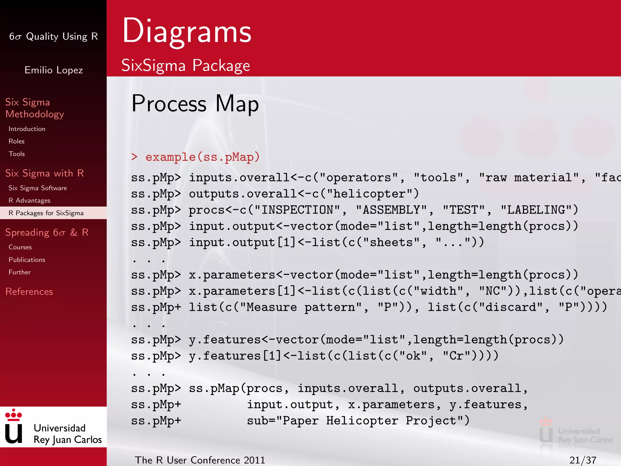 6σ Quality Using R        Diagrams
     Emilio Lopez         SixSigma Package

Six Sigma
Methodology
                           Process Map
Introduction
Roles
Tools
                           > example(ss.pMap)
Six Sigma with R           ss.pMp> inputs.overall<-c("operators", "tools", "raw material", "fac
Six Sigma Software
R Advantages
                           ss.pMp> outputs.overall<-c("helicopter")
R Packages for SixSigma    ss.pMp> procs<-c("INSPECTION", "ASSEMBLY", "TEST", "LABELING")
Spreading 6σ & R
                           ss.pMp> input.output<-vector(mode="list",length=length(procs))
Courses                    ss.pMp> input.output[1]<-list(c("sheets", "..."))
Publications               . . .
Further
                           ss.pMp> x.parameters<-vector(mode="list",length=length(procs))
References                 ss.pMp> x.parameters[1]<-list(c(list(c("width", "NC")),list(c("opera
                           ss.pMp+ list(c("Measure pattern", "P")), list(c("discard", "P"))))
                           . . .
                           ss.pMp> y.features<-vector(mode="list",length=length(procs))
                           ss.pMp> y.features[1]<-list(c(list(c("ok", "Cr"))))
                           . . .
                           ss.pMp> ss.pMap(procs, inputs.overall, outputs.overall,
                           ss.pMp+         input.output, x.parameters, y.features,
                           ss.pMp+         sub="Paper Helicopter Project")

                           The R User Conference 2011                                  21/37
 