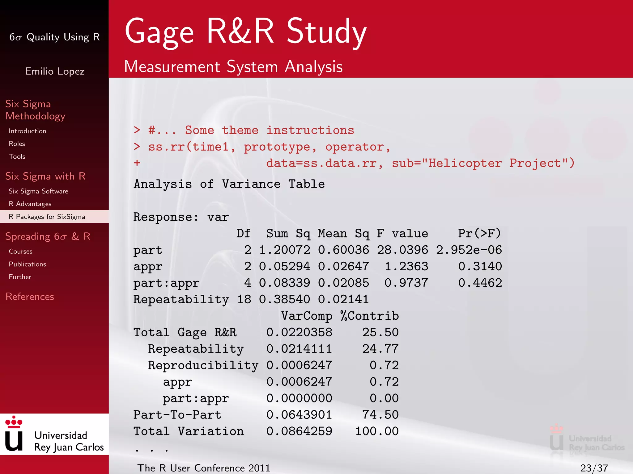 6σ Quality Using R        Gage R&R Study
     Emilio Lopez         Measurement System Analysis

Six Sigma
Methodology
Introduction               > #... Some theme instructions
Roles
                           > ss.rr(time1, prototype, operator,
Tools
                           +                 data=ss.data.rr, sub="Helicopter Project")
Six Sigma with R
Six Sigma Software
                           Analysis of Variance Table
R Advantages
R Packages for SixSigma    Response: var
Spreading 6σ & R                         Df  Sum Sq Mean Sq F value    Pr(>F)
Courses                    part           2 1.20072 0.60036 28.0396 2.952e-06
Publications
                           appr           2 0.05294 0.02647 1.2363     0.3140
Further
                           part:appr      4 0.08339 0.02085 0.9737     0.4462
References                 Repeatability 18 0.38540 0.02141
                                               VarComp %Contrib
                           Total Gage R&R    0.0220358    25.50
                             Repeatability   0.0214111    24.77
                             Reproducibility 0.0006247     0.72
                               appr          0.0006247      0.72
                               part:appr     0.0000000     0.00
                           Part-To-Part      0.0643901    74.50
                           Total Variation   0.0864259   100.00
                           . . .
                           The R User Conference 2011                                     23/37
 