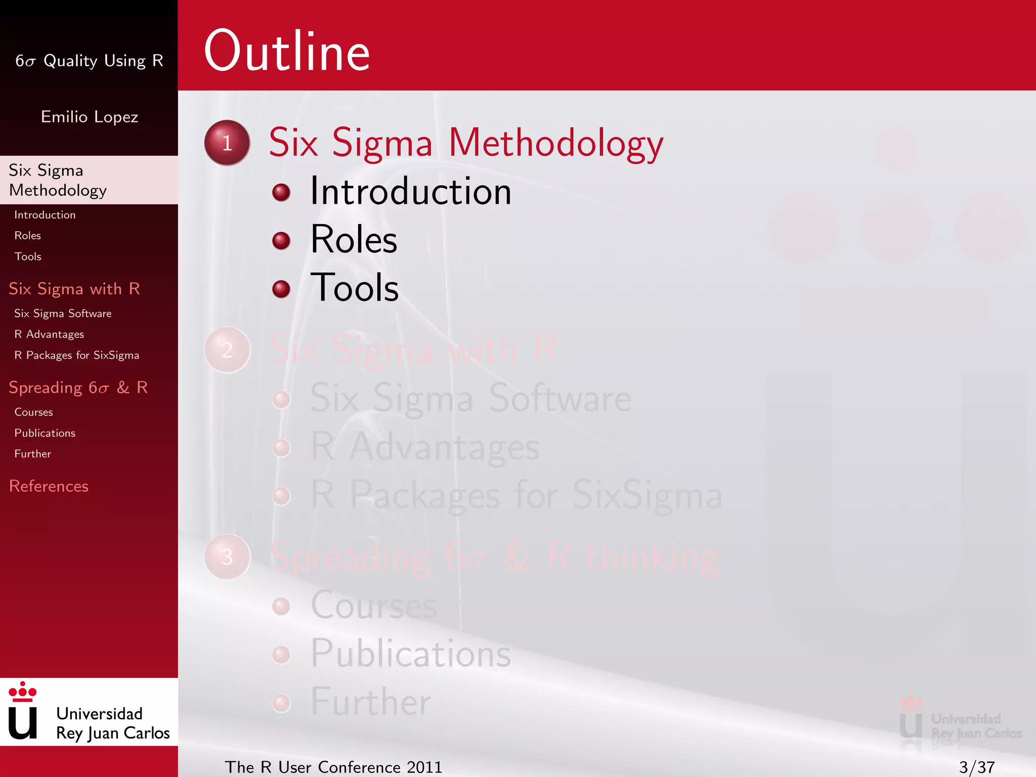 6σ Quality Using R        Outline
     Emilio Lopez


Six Sigma
                          1    Six Sigma Methodology
Methodology
Introduction
                                  Introduction
Roles
Tools
                                  Roles
Six Sigma with R
Six Sigma Software
                                  Tools
R Advantages
R Packages for SixSigma   2    Six Sigma with R
Spreading 6σ & R
Courses                           Six Sigma Software
Publications
Further                           R Advantages
References
                                  R Packages for SixSigma
                          3    Spreading 6σ & R thinking
                                 Courses
                                 Publications
                                 Further
                          The R User Conference 2011        3/37
 