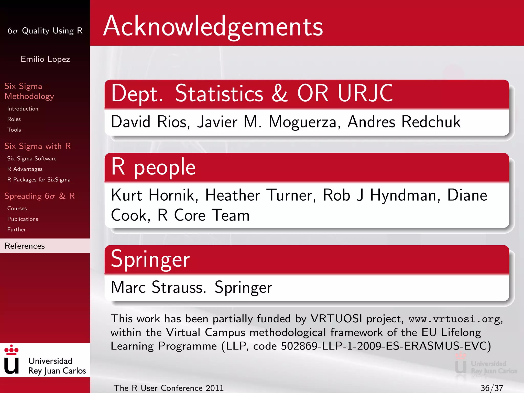 6σ Quality Using R        Acknowledgements
     Emilio Lopez


Six Sigma
Methodology
Introduction
                          Dept. Statistics & OR URJC
Roles
Tools
                          David Rios, Javier M. Moguerza, Andres Redchuk
Six Sigma with R
Six Sigma Software
R Advantages
R Packages for SixSigma
                          R people
Spreading 6σ & R          Kurt Hornik, Heather Turner, Rob J Hyndman, Diane
Courses
Publications              Cook, R Core Team
Further

References

                          Springer
                          Marc Strauss. Springer
                          This work has been partially funded by VRTUOSI project, www.vrtuosi.org,
                          within the Virtual Campus methodological framework of the EU Lifelong
                          Learning Programme (LLP, code 502869-LLP-1-2009-ES-ERASMUS-EVC)


                          The R User Conference 2011                                         36/37
 