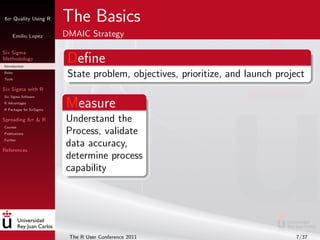 6σ Quality Using R        The Basics
     Emilio Lopez         DMAIC Strategy

Six Sigma
Methodology
Introduction
        ...