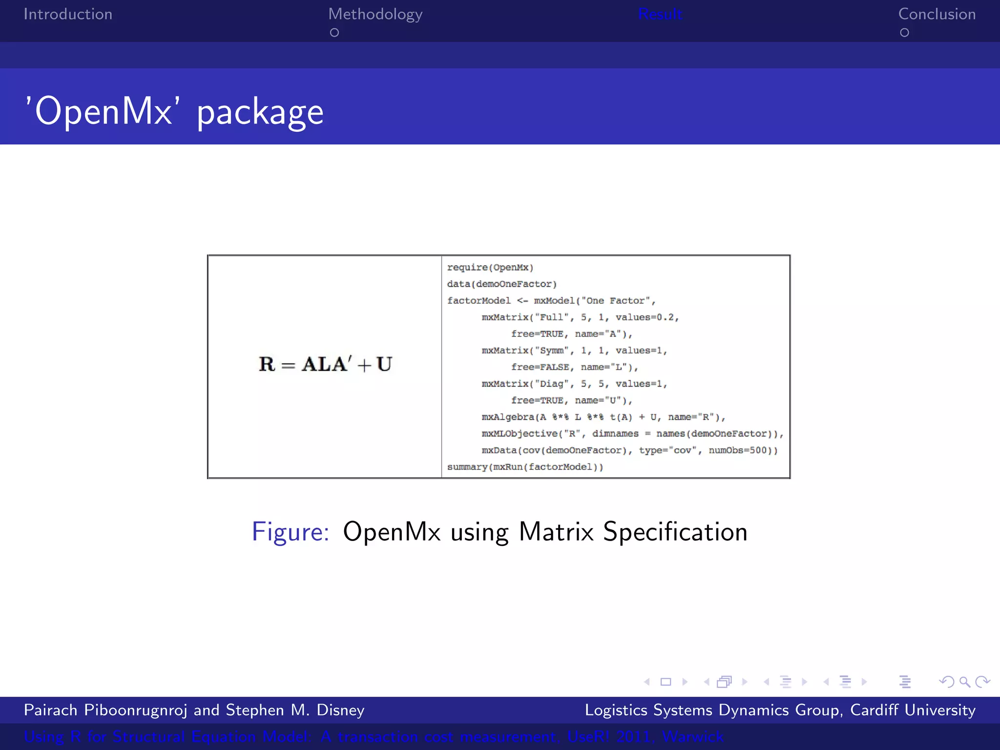 Introduction                           Methodology                            Result                            Conclusion




’OpenMx’ package




                             Figure: OpenMx using Matrix Speciﬁcation




Pairach Piboonrugnroj and Stephen M. Disney                             Logistics Systems Dynamics Group, Cardiﬀ University
Using R for Structural Equation Model: A transaction cost measurement, UseR! 2011, Warwick
 