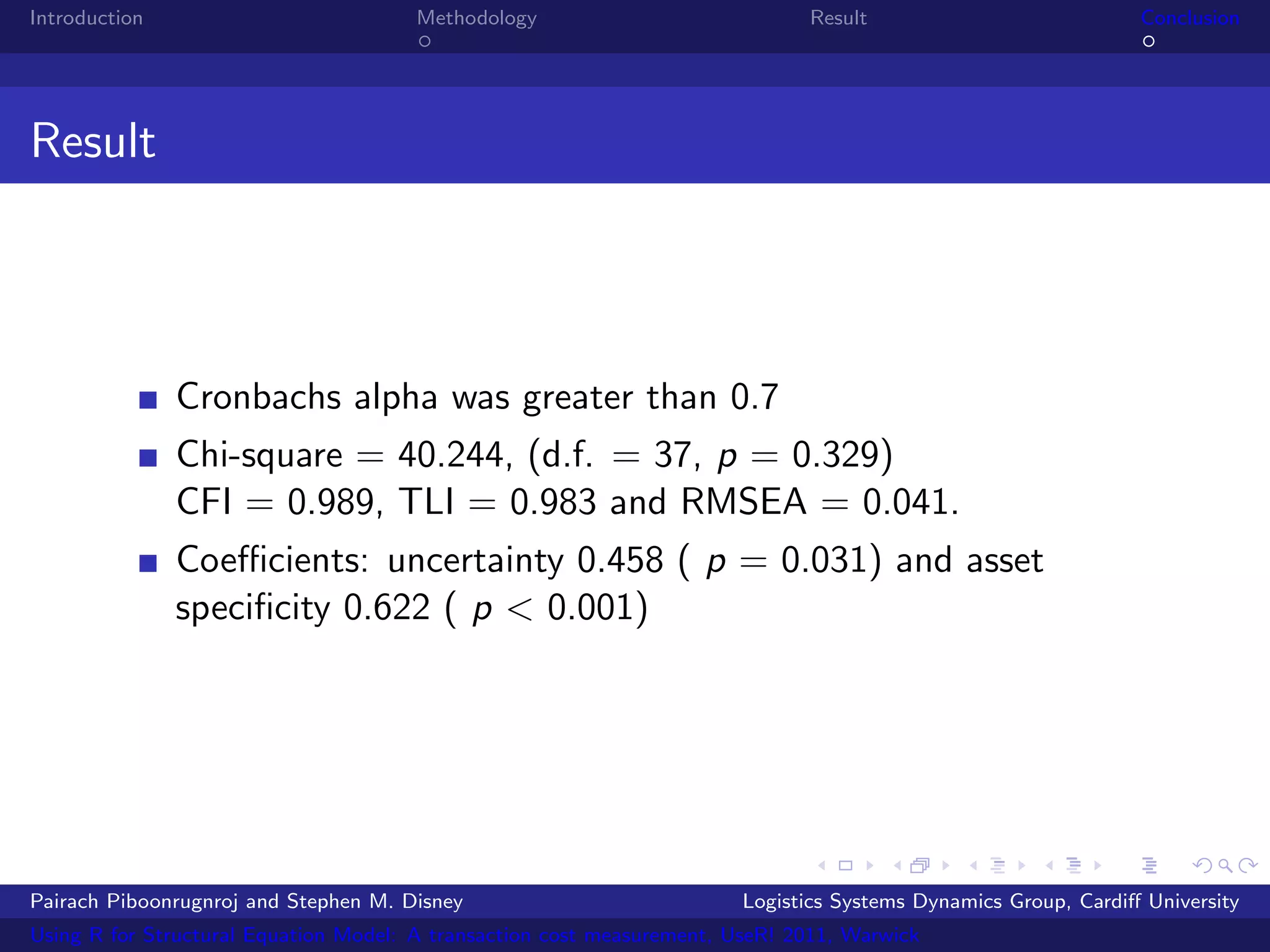 Introduction                           Methodology                            Result                            Conclusion




Result




               Cronbachs alpha was greater than 0.7
               Chi-square = 40.244, (d.f. = 37, p = 0.329)
               CFI = 0.989, TLI = 0.983 and RMSEA = 0.041.
               Coeﬃcients: uncertainty 0.458 ( p = 0.031) and asset
               speciﬁcity 0.622 ( p < 0.001)




Pairach Piboonrugnroj and Stephen M. Disney                             Logistics Systems Dynamics Group, Cardiﬀ University
Using R for Structural Equation Model: A transaction cost measurement, UseR! 2011, Warwick
 