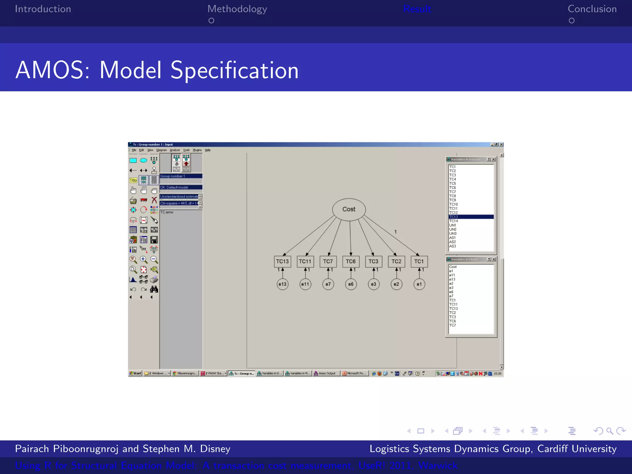 Introduction                           Methodology                            Result                            Conclusion




AMOS: Model Speciﬁcation




Pairach Piboonrugnroj and Stephen M. Disney                             Logistics Systems Dynamics Group, Cardiﬀ University
Using R for Structural Equation Model: A transaction cost measurement, UseR! 2011, Warwick
 