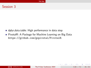 2nd day 
Session 2 
R For Improving Consumer Engagement and Health Outcomes 
ActiveHealth Management, Inc 
internal member data + externally-purchased lifestyle  behavioral 
data 
K-Means Clustering and CART classi 