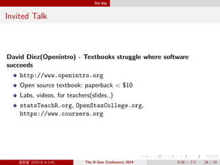 3rd day 
Invited Talk 
Dirk Eddelbuettel - R, C++ and Rcpp 
Rcpp : RX ¸h + cppX speed 
RÐ èXŒ(pointerD”ÆL) cpp h Ìàä. 
cppTÜÐ R h ½…¥. 
R () cpp  ¬ Tää: : : 
Docker : È´ Á8à 
0tX Á8à : ø¨ + |t 