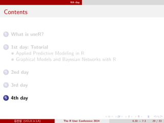 3rd day 
Sponsors Talk 
Revolution Analytics 
ÁÅ© R. 
SASôä «ä. 
Oracle: ROracle 
R+ Oracle database 
Google 
SAS Æä. 
ÔÀÈ´, °, µÄY õ lx. 
@Ä- (UCLA in LA) The R User Conference 2014 6.30  7.3 24 / 33 
 