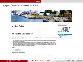 3rd day 
Session 5: Biology/Ecology 
Simulating In
uenza Transmission with Real Network Data 
Network data: High school, chip??, statnet package: graph 
Simulation: various incubation period, infection period, transmission probability: : : 
Enhancing Medical Reporting by Combining Electronic Health Records with 
REDCap: Applications of the REDCap API 
http://www.project-redcap.org 
pt0 ¨D L chart review X˜X˜ ` D” Æt X¬ ì8| ` X| 
°tä. 
Simulations for regulatory decision making: How many simulations do we need to 
run? 
Simulationt Ü0Ð ”Xä(ex: FDA). 
Simulation@ complex model(not analytically tractable)Ð - D”Xä. 
1,000ˆ, 10,000ˆ Ä” ´¼Æ” ½° ˆä. 400Ìˆ tÁLÀÄ.. R  
parallel computing: : : 
Monitoring Patients with Ongoing Reduced Kidney Function 
@Ä- (UCLA in LA) The R User Conference 2014 6.30  7.3 27 / 33 
 