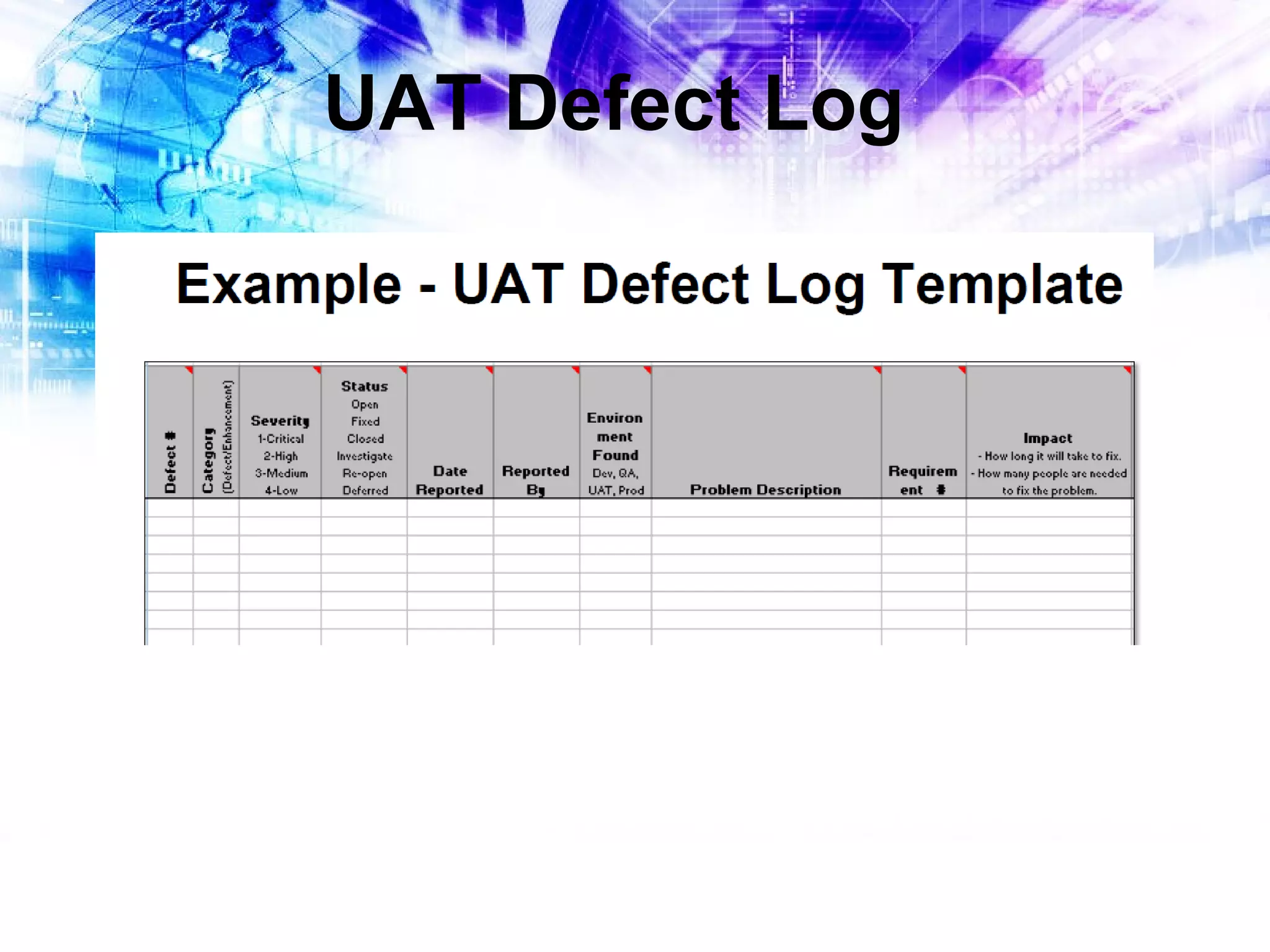 UAT Defect Log

 