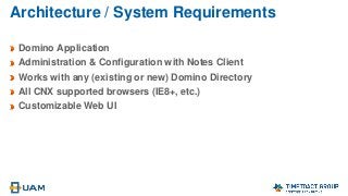 Architecture / System Requirements
Domino Application
Administration & Configuration with Notes Client
Works with any (existing or new) Domino Directory
All CNX supported browsers (IE8+, etc.)
Customizable Web UI
 