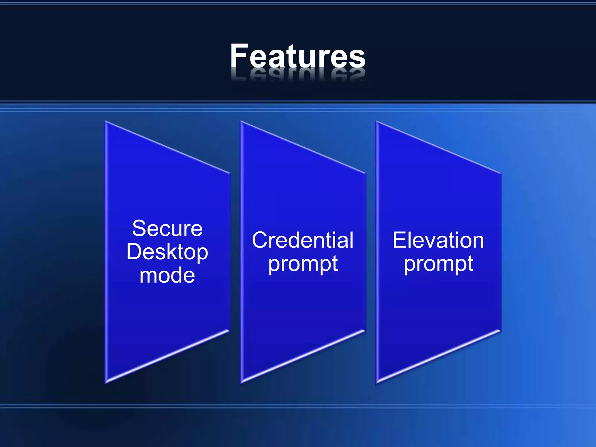 Features
Secure
Desktop
mode
Credential
prompt
Elevation
prompt
 