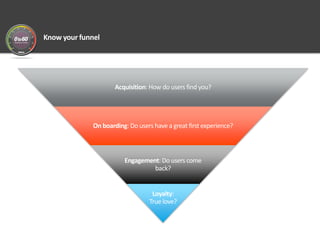 Know your funnel
Acquisition: How do users find you?
On boarding: Do users have a great first experience?
Engagement: Do u...