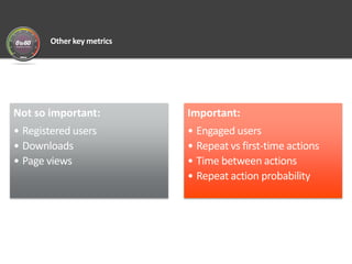 Other key metrics
Not so important:
• Registered users
• Downloads
• Page views
Important:
• Engaged users
• Repeat vs fir...