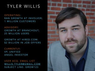 T Y L E R W I L L I S
O P E R A T I N G :
R A N G R O W T H A T I N V O LV E R ;
1 M I L L I O N C U S T O M E R S
!
A D V I S O RY:
G R O W T H A T B R A N C H O U T;
2 5 M I L L I O N U S E R S
!
G R O W T H A T H I R E D . C O M ;
$ 2 B I L L I O N I N J O B O F F E R S
!
C U R R E N T LY:
V P, U N I F I E D
A N G E L I N V E S T O R
!
U S E R A C Q . E M A I L L I S T
W I L L I S . T Y L E R @ G M A I L . C O M  
S U B J E C T L I N E : G R O W 1 2 3
 