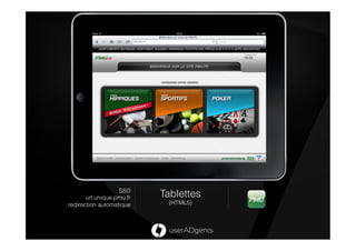 SSO
       url unique pmu.fr   Tablettes
redirection automatique     (HTML5)
 