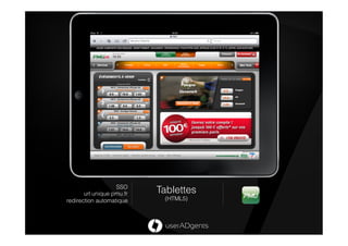 SSO
       url unique pmu.fr   Tablettes
redirection automatique     (HTML5)
 