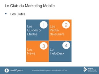 © Mobile Marketing Association France – 2013
Le Club du Marketing Mobile
§  Les Outils
Les
Guides &
Etudes
Les
Petits-
déjeuners
Les
News
Le
HelpDesk
1 2
3 4
 