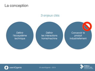 © userADgents – 2013
La conception
Déﬁnir
l’écosystème
technique	
  
Déﬁnir
les interactions
home/machine	
  
Concevoir le
produit
industriellement	
  
3 enjeux clés
 