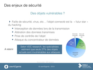 © userADgents – 2013
Des enjeux de sécurité
Des objets vulnérables ?
 Faille de sécurité, virus, etc… l’objet connecté est la « futur star »
du hacking
§  Interception de données lors de la transmission
§  Altération des données transmises
§  Prise de contrôle de l’objet
§  Attaque du concentrateur de données
Selon VDC research, les spécialistes
estiment que seuls 27% des objets
actuels sont invulnérables aux attaques
A retenir
Source photo : VDC research
 