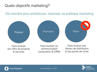 © userADgents – 2013
Quels objectifs marketing?
Product	
   Promotion	
   Place	
  
Faire évoluer
son offre de produits
& services
Faire évoluer sa
communication
(acquisition & CRM)
Faire évoluer son
réseau de distribution
& ses points de vente
De manière plus ambitieuse, repenser sa politique marketing
 