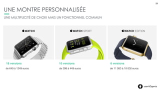 23userADgents
QUE PEUT-ON FAIRE AVEC L’APPLE WATCH ?
23
Un companion device, comme 91%* des
smartwatches
Une ampliﬁcation du smartphone : l’essentiel
des informations
Un écran réduit, une nouvelle UI
qui demande des actions simples & rapides
Portée au poignet, elle est ultra-présente
et ultra-mobile
Une relation de proximité plus forte
Un outil intime et personnel qui contient
encore plus de données personnelles que
le smartphone : attention aux intrusions
et vive les expériences personnalisées
 