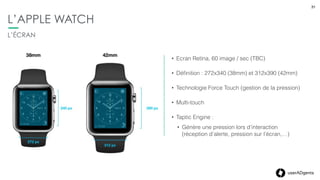 31userADgents
L’APPLE WATCH
• Autonomie (estimée) :
• 3 jours en veille
• 18 heures en usage actif/passif
• 2,5 heures à 4 heures en usage actif
• Chargeur technologie MagSafe
• Chargement par induction au dos du boitier
BATTERIE, AUTONOMIE ET CHARGEMENT
31
 