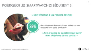 8userADgents
LES 3 ACTEURS PHARES DE 2014
71%
Au premier trimestre 2014,
Samsung aurait vendu 500 000
exemplaires de sa Galaxy Gear. Un
succès commercial lui assurant 71
% du marché mondial des
smartwatches*
8
La moto 360 de Motorola compte
également parmi les principaux
acteurs du marché avec sa montre
connectée qui mise sur le style
comme argument de
différenciation.
15   La montre Pebble Time s’est lancée sur Kickstarter et a atteint son objectif de 500K$
en 32 minutes pour lever jusqu’à 15 millions de $ en 10 jours et battre le record du
projet le mieux ﬁnancé de la plateforme. Sa différence : un design élégant, une
autonomie de 7 jours et un prix abordable.
millions $
 