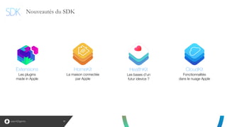 Nouveautés du SDK
11
HealthKit 
Les bases d’un
futur idevice ?
CloudKit 
Fonctionnalités 
dans le nuage Apple
HomeKit 
La maison connectée
par Apple
Extensions 
Les plugins
made in Apple
 