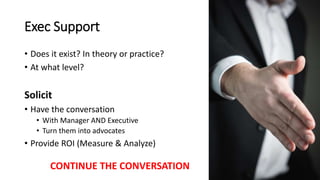 Exec Support
• Does it exist? In theory or practice?
• At what level?
Solicit
• Have the conversation
• With Manager AND Executive
• Turn them into advocates
• Provide ROI (Measure & Analyze)
CONTINUE THE CONVERSATION
 