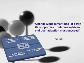 “Change Management has let down
its supporters…outcomes–driven
end user adoption must succeed”
Paul Kell
 