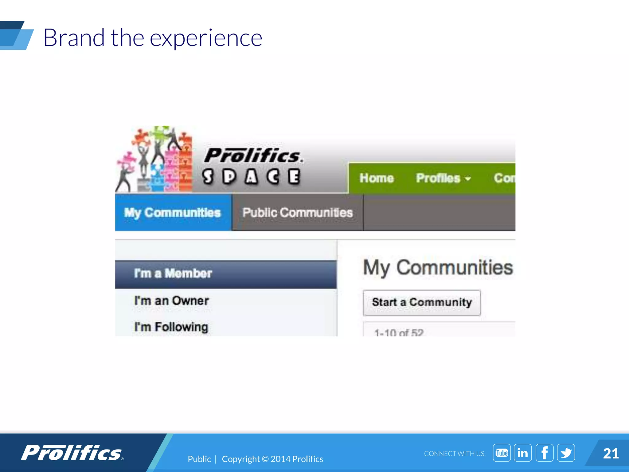 CONNECT WITH US: 21
Brand the experience
Public | Copyright © 2014 Prolifics
 