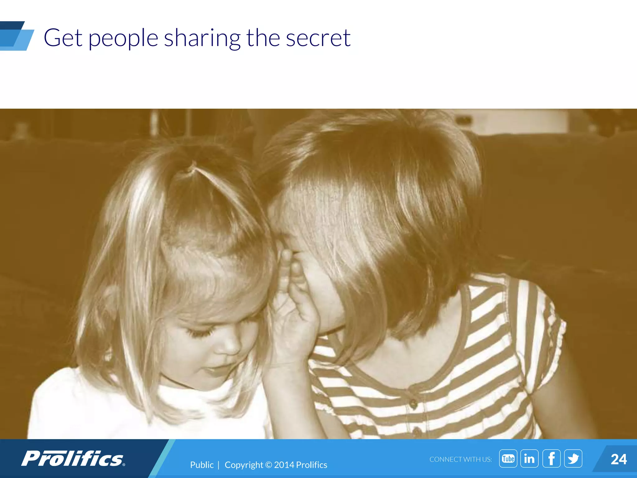 CONNECT WITH US: 24
Get people sharing the secret
Public | Copyright © 2014 Prolifics
 
