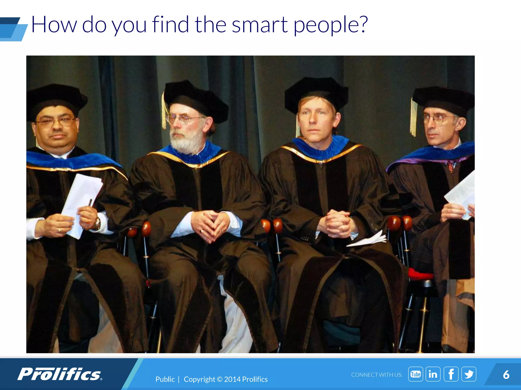 CONNECT WITH US: 6
How do you find the smart people?
Public | Copyright © 2014 Prolifics
 