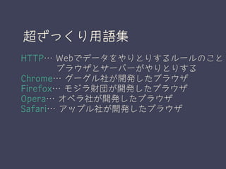超ざっくり用語集
HTTP… Webでデータをやりとりするルールのこと
　　　　ブラウザとサーバーがやりとりする
Chrome… グーグル社が開発したブラウザ
Firefox… モジラ財団が開発したブラウザ
Opera… オペラ社が開発したブラウザ
Safari… アップル社が開発したブラウザ
 