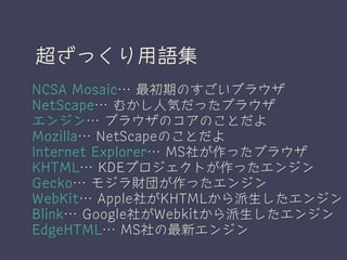 超ざっくり用語集
NCSA Mosaic… 最初期のすごいブラウザ
NetScape… むかし人気だったブラウザ
エンジン… ブラウザのコアのことだよ
Mozilla… NetScapeのことだよ
Internet Explorer… MS社が...