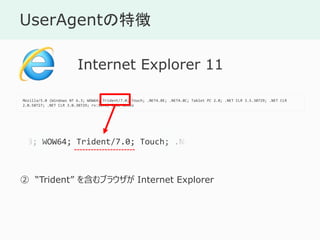 UserAgent؏
Mozilla/5.0 (Windows NT 6.3; WOW64; Trident/7.0; Touch; .NET4.0E; .NET4.0C; Tablet PC 2.0; .NET CLR 3.5.30729; .NET CLR
2.0.50727; .NET CLR 3.0.30729; rv:11.0) like Gecko
Internet Explorer 11
 Trident 򺬤֥饦 Internet Explorer
.3; WOW64; Trident/7.0; Touch; .NE
 