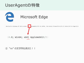 UserAgent؏
Mozilla/5.0 (Windows NT 10.0; Win64; x64) AppleWebKit/537.36 (KHTML, like Gecko) Chrome/39.0.2171.71 Safari/537.36 Edge/12.0
Microsoft Edge
 rv Ф
10.0; Win64; x64) AppleWebKit/537
 