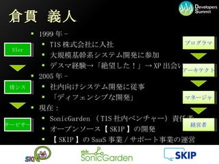 倉貫 義人 1999 年 - TIS 株式会社に入社 大規模基幹系システム開発に参加 デスマ経験->「絶望した！」-> XP 出会い 2005 年 - 社内向けシステム開発に従事 「ディフェンシブな開発」 現在： SonicGarden （ TIS 社内ベンチャー）責任者 オープンソース【 SKIP 】の開発 【 SKIP 】の SaaS 事業 / サポート事業の運営 プログラマ アーキテクト マネージャ 経営者 SIer 情シス サービサー 
