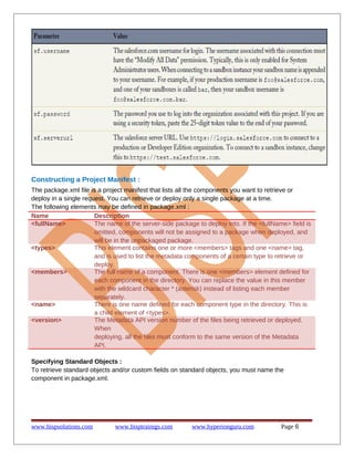 Constructing a Project Manifest :
The package.xml file is a project manifest that lists all the components you want to retrieve or
deploy in a single request. You can retrieve or deploy only a single package at a time.
The following elements may be defined in package.xml :
Name Description
<fullName> The name of the server-side package to deploy into. If the <fullName> field is
omitted, components will not be assigned to a package when deployed, and
will be in the unpackaged package.
<types> This element contains one or more <members> tags and one <name> tag,
and is used to list the metadata components of a certain type to retrieve or
deploy.
<members> The full name of a component. There is one <members> element defined for
each component in the directory. You can replace the value in this member
with the wildcard character * (asterisk) instead of listing each member
separately.
<name> There is one name defined for each component type in the directory. This is
a child element of <types>.
<version> The Metadata API version number of the files being retrieved or deployed.
When
deploying, all the files must conform to the same version of the Metadata
API.
Specifying Standard Objects :
To retrieve standard objects and/or custom fields on standard objects, you must name the
component in package.xml.
www.bispsolutions.com www.bisptrainigs.com www.hyperionguru.com Page 6
 