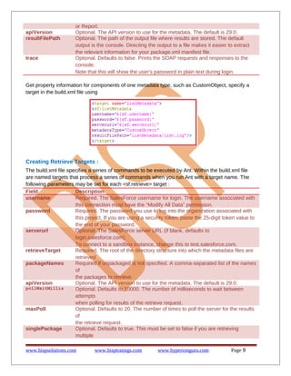 or Report.
apiVersion Optional. The API version to use for the metadata. The default is 29.0.
resultFilePath Optional. The path of the output file where results are stored. The default
output is the console. Directing the output to a file makes it easier to extract
the relevant information for your package.xml manifest file.
trace Optional. Defaults to false. Prints the SOAP requests and responses to the
console.
Note that this will show the user's password in plain text during login.
Get property information for components of one metadata type, such as CustomObject, specify a
target in the build.xml file using
Creating Retrieve Targets :
The build.xml file specifies a series of commands to be executed by Ant. Within the build.xml file
are named targets that process a series of commands when you run Ant with a target name. The
following parameters may be set for each <sf:retrieve> target :
Field Description
username Required. The SalesForce username for login. The username associated with
this connection must have the “Modify All Data” permission.
password Required. The password you use to log into the organization associated with
this project. If you are using a security token, paste the 25-digit token value to
the end of your password.
serverurl Optional. The SalesForce server URL (if blank, defaults to
login.salesforce.com).
To connect to a sandbox instance, change this to test.salesforce.com.
retrieveTarget Required. The root of the directory structure into which the metadata files are
retrieved.
packageNames Required if unpackaged is not specified. A comma-separated list of the names
of
the packages to retrieve.
apiVersion Optional. The API version to use for the metadata. The default is 29.0.
pollWaitMillis Optional. Defaults to 10000. The number of milliseconds to wait between
attempts
when polling for results of the retrieve request.
maxPoll Optional. Defaults to 20. The number of times to poll the server for the results
of
the retrieve request.
singlePackage Optional. Defaults to true. This must be set to false if you are retrieving
multiple
www.bispsolutions.com www.bisptrainigs.com www.hyperionguru.com Page 9
 