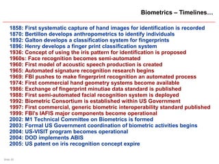 Slide 20
Biometrics – Timelines…
1858: First systematic capture of hand images for identification is recorded
1870: Bertillon develops anthropometrics to identify individuals
1892: Galton develops a classification system for fingerprints
1896: Henry develops a finger print classification system
1936: Concept of using the iris pattern for identification is proposed
1960s: Face recognition becomes semi-automated
1960: First model of acoustic speech production is created
1965: Automated signature recognition research begins
1969: FBI pushes to make fingerprint recognition an automated process
1974: First commercial hand geometry systems become available
1986: Exchange of fingerprint minutiae data standard is published
1988: First semi-automated facial recognition system is deployed
1992: Biometric Consortium is established within US Government
1997: First commercial, generic biometric interoperability standard published
1999: FBI's IAFIS major components become operational
2002: M1 Technical Committee on Biometrics is formed
2003: Formal US Government coordination of biometric activities begins
2004: US-VISIT program becomes operational
2004: DOD implements ABIS
2005: US patent on iris recognition concept expire
 