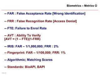 Slide 28
Biometrics – Metrics 
-- FAR : False Acceptance Rate [Wrong Identification]
-- FRR : False Recognition Rate [Access Denial]
-- FTE: Failure to Enrol Rate
-- AVT : Ability To Verify
[AVT = (1 – FTE)(1-FRR)
-- IRIS: FAR – 1/1,000,000; FRR : 2%
-- Fingerprint: FAR – 1/100,000; FRR: 1%
-- Algorithmic; Matching Scores
-- Standards: BioAPI, BAPI
 