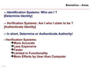 Slide 29
Biometrics – Areas
-- Identification Systems: Who am I ?
[Determine Identity]
-- Verification Systems: Am I who I claim to be ?
[Authenticate Identity]
-- In short, Determine or Authenticate Authority!
--Verification Systems:
More Accurate
Less Expensive
Faster
Limited in Functionality
More Efforts by User than Computer
 