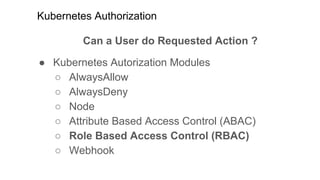 Kubernetes Authorization
Can a User do Requested Action ?
● Kubernetes Autorization Modules
○ AlwaysAllow
○ AlwaysDeny
○ Node
○ Attribute Based Access Control (ABAC)
○ Role Based Access Control (RBAC)
○ Webhook
 