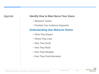 Identify How to Best Serve Your Users Research Tactics Prioritize Your Audience Segments Understanding User Behavior Online What They Expect Where They Look Why They Scroll How They Read How They Navigate How They Find Information Agenda 