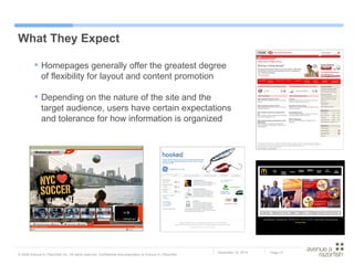 What They Expect Homepages generally offer the greatest degree of flexibility for layout and content promotion Depending on the nature of the site and the target audience, users have certain expectations and tolerance for how information is organized 