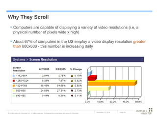 Why They Scroll Computers are capable of displaying a variety of video resolutions (i.e. a physical number of pixels wide x high) About 67% of computers in the US employ a video display resolution  greater than  800x600 - this number is increasing daily 