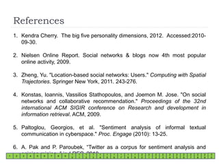 References 
1. Kendra Cherry. The big five personality dimensions, 2012. Accessed:2010- 
09-30. 
2. Nielsen Online Report. Social networks & blogs now 4th most popular 
online activity, 2009. 
3. Zheng, Yu. "Location-based social networks: Users." Computing with Spatial 
Trajectories. Springer New York, 2011. 243-276. 
4. Konstas, Ioannis, Vassilios Stathopoulos, and Joemon M. Jose. "On social 
networks and collaborative recommendation." Proceedings of the 32nd 
international ACM SIGIR conference on Research and development in 
information retrieval. ACM, 2009. 
5. Paltoglou, Georgios, et al. "Sentiment analysis of informal textual 
communication in cyberspace." Proc. Engage (2010): 13-25. 
6. A. Pak and P. Paroubek, “Twitter as a corpus for sentiment analysis and 
opinion mining.,” in LREC, 2010. 2 3 4 5 6 7 8 9 
1 
0 
1 
1 
1 
2 
1 
3 
1 
4 
1 
5 
1 
6 
1 
7 
1 
8 
1 
9 
2 
0 
2 
1 
2 
2 
2 
3 
2 
4 
2 
5 
2 
6 
2 
7 
2 
8 
2 
9 
1 
3 
0 
